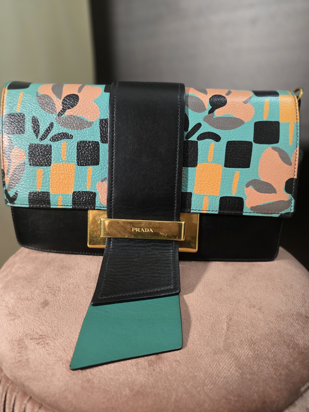 Prada Floral Print Leather Shoulder Bag in Teal, Black & Blush